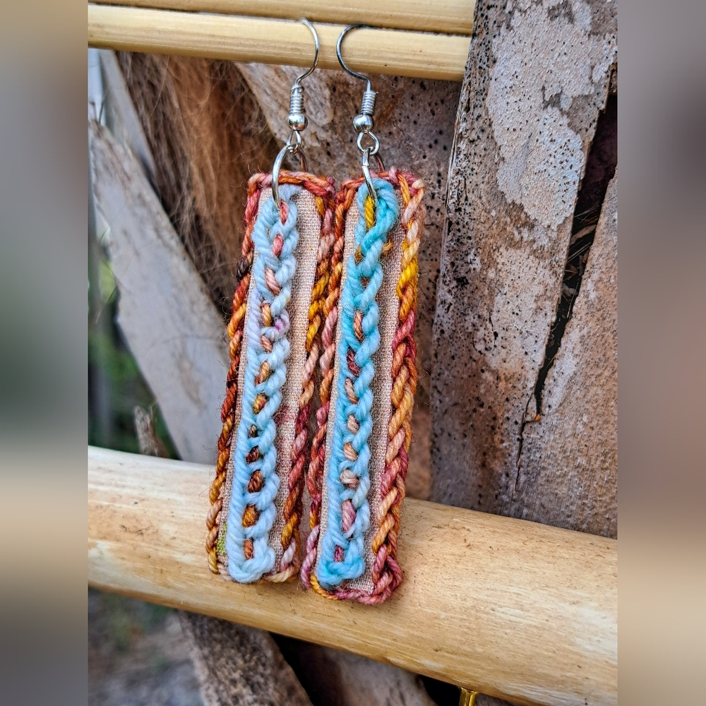 Beige Brown Blue Rectangle Earrings with Crochet Elements
